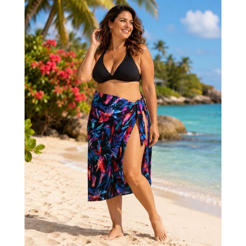 Miraclesuit Tropical Floral Sarong Beach Coverup Long Side Tie Swim Vacay L/XL
